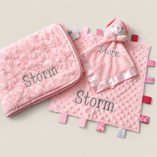 Load image into Gallery viewer, Personalised Embroidered Baby Blanket, Taggie &amp; Comforter Gift Set
