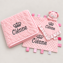 Load image into Gallery viewer, Personalised Embroidered Baby Blanket, Taggie &amp; Comforter Gift Set

