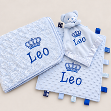 Load image into Gallery viewer, Personalised Embroidered Baby Blanket, Taggie &amp; Comforter Gift Set
