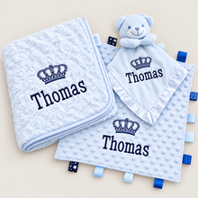 Load image into Gallery viewer, Personalised Embroidered Baby Blanket, Taggie &amp; Comforter Gift Set
