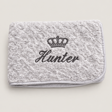 Load image into Gallery viewer, Grey Rosebud fluffy personalised embroidered blanket comforter NAME ONLY
