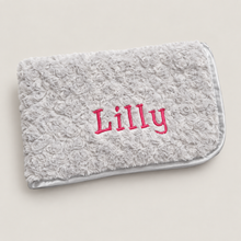 Load image into Gallery viewer, Grey Rosebud fluffy personalised embroidered blanket comforter NAME ONLY
