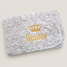 Load image into Gallery viewer, Grey Rosebud fluffy personalised embroidered blanket comforter NAME ONLY
