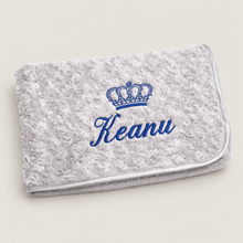 Load image into Gallery viewer, Grey Rosebud fluffy personalised embroidered blanket comforter NAME ONLY
