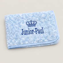 Load image into Gallery viewer, Blue Rosebud personalised embroidered blanket comforter NAME ONLY

