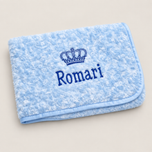 Load image into Gallery viewer, Blue Rosebud personalised embroidered blanket comforter NAME ONLY

