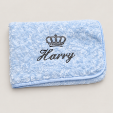 Load image into Gallery viewer, Blue Rosebud personalised embroidered blanket comforter NAME ONLY
