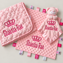 Load image into Gallery viewer, Personalised Embroidered Baby Blanket, Taggie &amp; Comforter Gift Set
