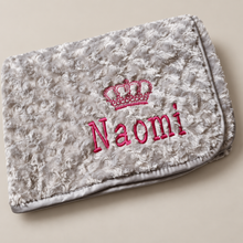 Load image into Gallery viewer, Grey Rosebud fluffy personalised embroidered blanket comforter NAME ONLY
