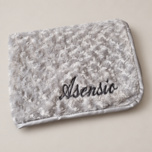 Load image into Gallery viewer, Grey Rosebud fluffy personalised embroidered blanket comforter NAME ONLY
