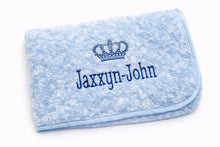 Load image into Gallery viewer, Blue Rosebud personalised embroidered blanket comforter NAME ONLY
