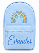 Load image into Gallery viewer, Personalized Light Blue Children’s Backpack with Embroidered Rainbow and Custom Name

