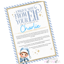 Load image into Gallery viewer, Personalised Blue Elf Arrival Letter – A4 Christmas Welcome Print
