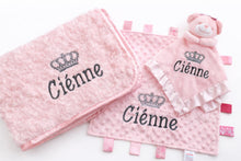 Load image into Gallery viewer, Personalised Embroidered Baby Blanket, Taggie &amp; Comforter Gift Set
