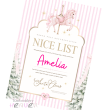Load image into Gallery viewer, Personalised Santa Nice List Certificate | Pink Carousel Christmas Print | A4
