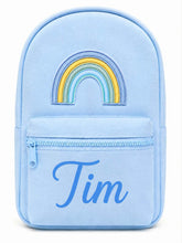 Load image into Gallery viewer, Personalized Light Blue Children’s Backpack with Embroidered Rainbow and Custom Name
