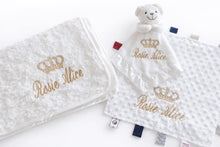 Load image into Gallery viewer, Personalised Embroidered Baby Blanket, Taggie &amp; Comforter Gift Set
