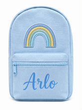 Load image into Gallery viewer, Personalized Light Blue Children’s Backpack with Embroidered Rainbow and Custom Name
