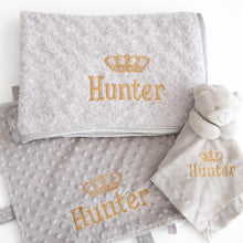 Load image into Gallery viewer, Personalised Embroidered Baby Blanket, Taggie &amp; Comforter Gift Set
