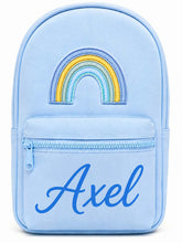 Load image into Gallery viewer, Personalized Light Blue Children’s Backpack with Embroidered Rainbow and Custom Name
